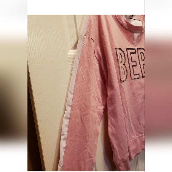 Bebe Sport Top Large PEONY Long Sleeve Sheer White Stripe On Arm Sequins… - Picture 3 of 9